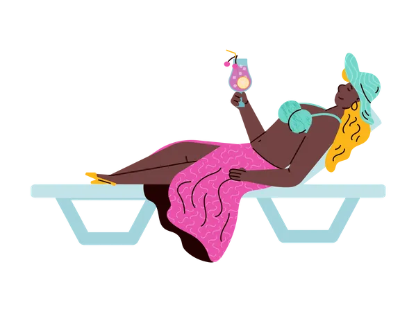 Femme allongée sur une chaise longue de plage et buvant un cocktail  Illustration