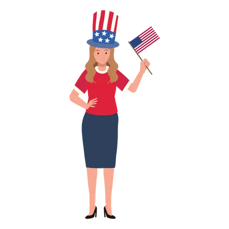 Femme américaine tenant le drapeau américain pour célébrer  Illustration