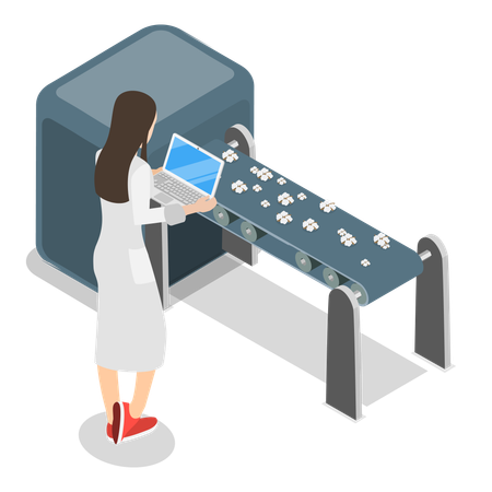 Une femme analyse des paquets de coton sur un tapis roulant  Illustration