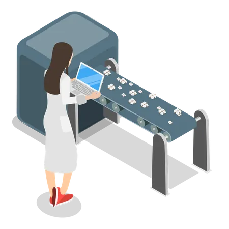 Une femme analyse des paquets de coton sur un tapis roulant  Illustration