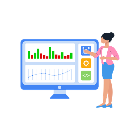 Une femme analyse l'investissement des entreprises  Illustration