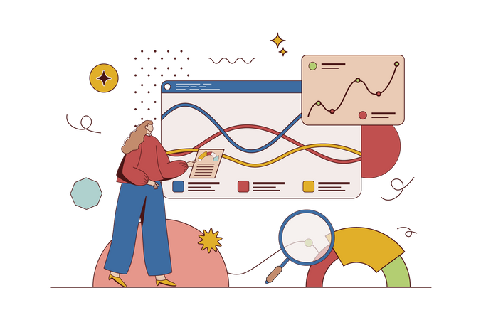 Une femme analyse les données et les statistiques financières du développement de l'entreprise  Illustration