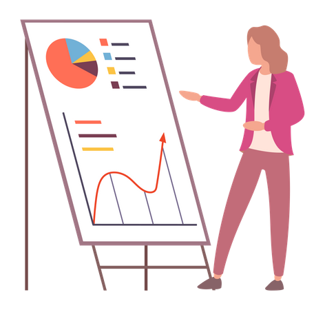 Femme analysant le rapport avec des indicateurs statistiques  Illustration