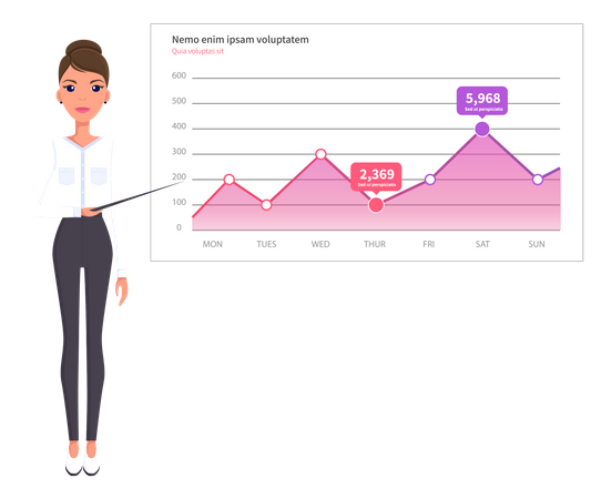 Femme analysant un rapport numérique avec des statistiques  Illustration