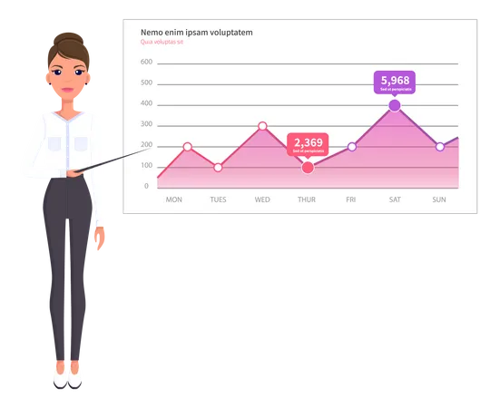 Femme analysant un rapport numérique avec des statistiques  Illustration