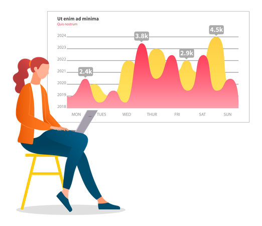 Une femme analyse un rapport numérique  Illustration