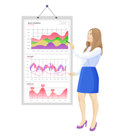 Une femme analyse un rapport numérique avec un graphique de développement  Illustration