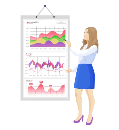 Une femme analyse un rapport numérique avec un graphique de développement  Illustration