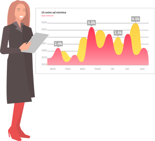 Une femme analyse un rapport numérique avec un graphique de développement  Illustration