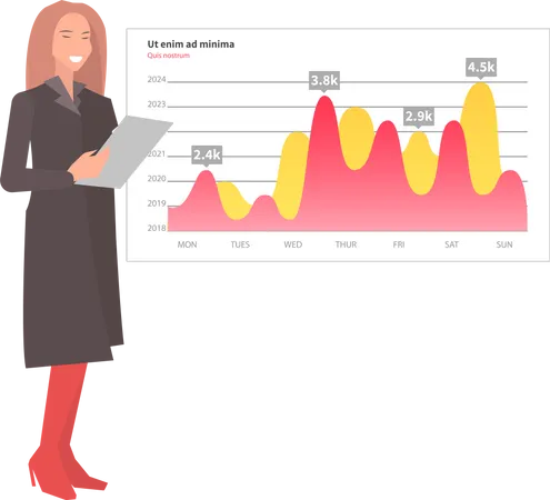 Une femme analyse un rapport numérique avec un graphique de développement  Illustration