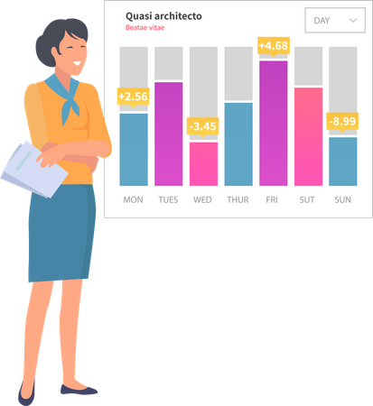 Une femme analyse un rapport numérique avec un graphique de développement  Illustration