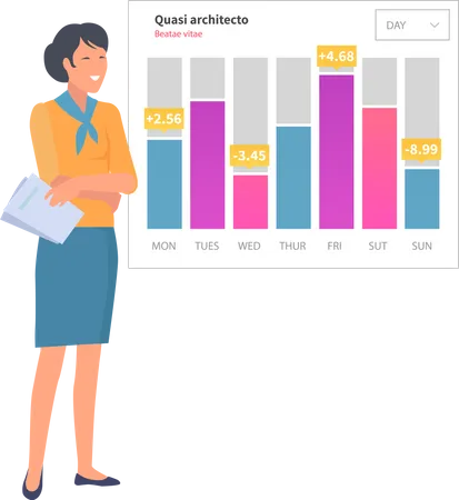 Une femme analyse un rapport numérique avec un graphique de développement  Illustration