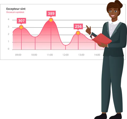 Une femme analyse un rapport numérique avec des statistiques  Illustration