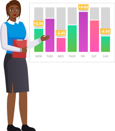 Une femme analyse un rapport numérique avec des statistiques  Illustration