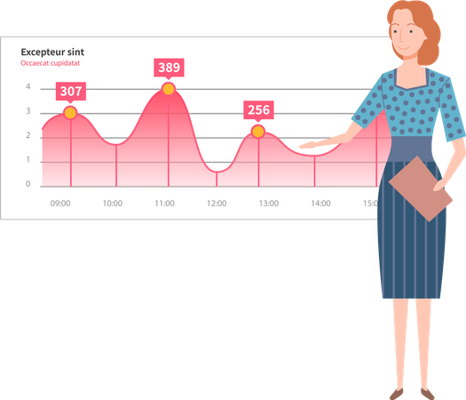 Une femme analyse un rapport numérique avec des statistiques  Illustration