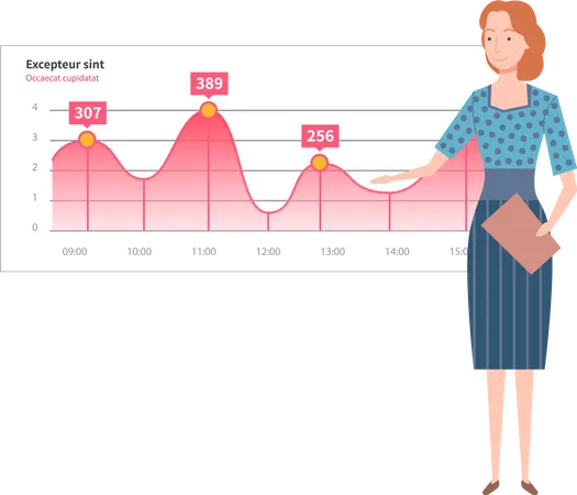 Une femme analyse un rapport numérique avec des statistiques  Illustration