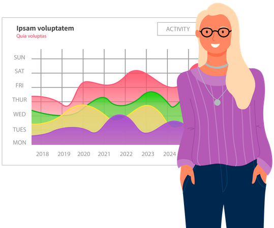 Une femme analyse un rapport numérique avec des statistiques  Illustration