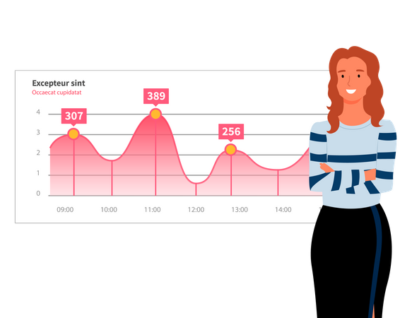 Une femme analyse un rapport numérique avec des statistiques  Illustration