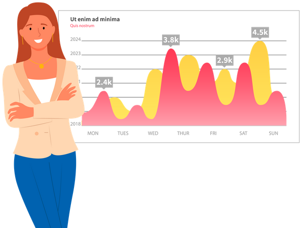 Une femme analyse un rapport numérique avec des statistiques  Illustration