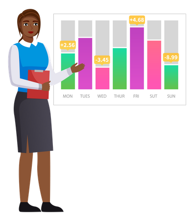 Une femme analyse un rapport numérique avec des statistiques  Illustration