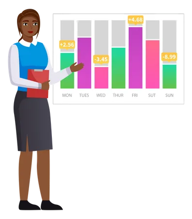 Une femme analyse un rapport numérique avec des statistiques  Illustration