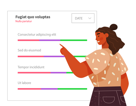 Une femme analyse un rapport numérique avec des statistiques  Illustration