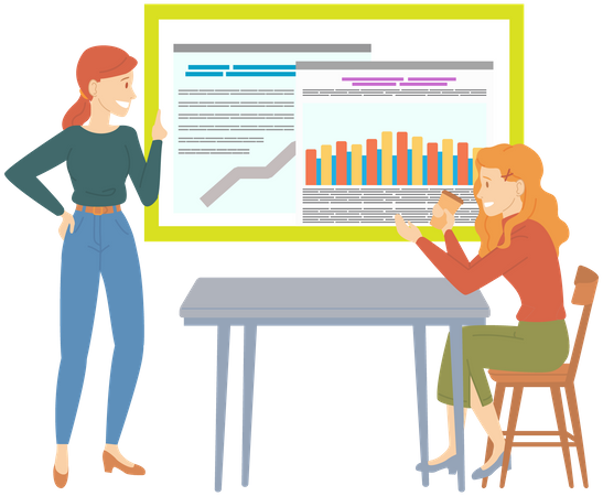 Une femme analyse un rapport numérique avec des statistiques  Illustration