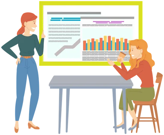 Une femme analyse un rapport numérique avec des statistiques  Illustration