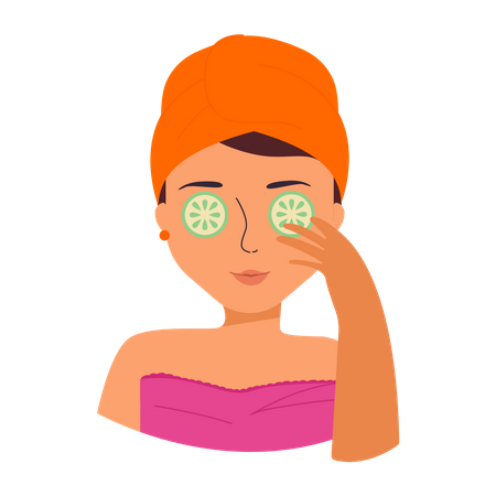 Femme appliquant un masque pour les yeux au concombre  Illustration