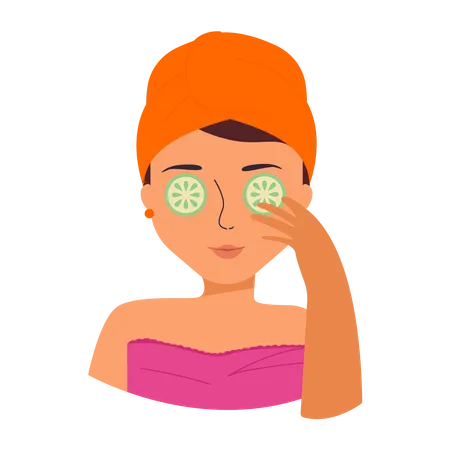 Femme appliquant un masque pour les yeux au concombre  Illustration