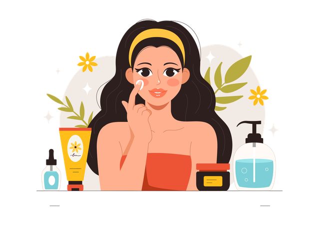 Femme appliquant une crème anti-âge sur son visage  Illustration