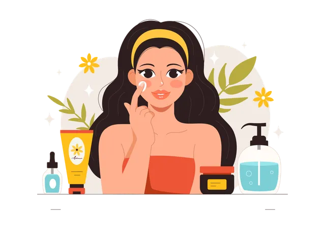 Femme appliquant une crème anti-âge sur son visage  Illustration