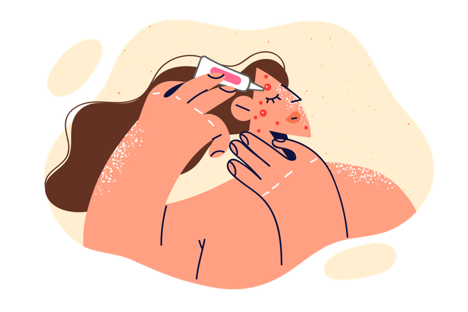 La femme applique la crème sur le bouton de visage  Illustration