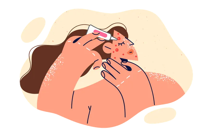 La femme applique la crème sur le bouton de visage  Illustration