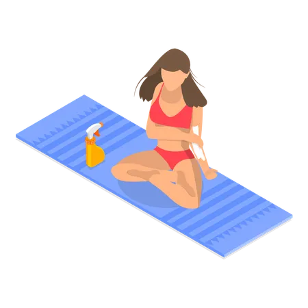 Une femme applique de la crème solaire sur la plage  Illustration