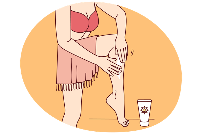Une femme applique de la crème solaire sur ses jambes  Illustration