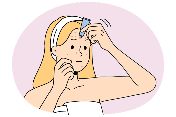 Une femme applique de la crème sur les boutons du visage  Illustration