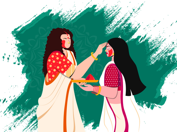 Une femme s'applique du gulal l'une sur l'autre à l'occasion de durga puja  Illustration