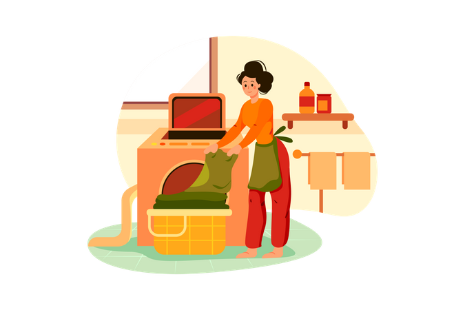 Femme apportant des vêtements dans une machine à laver  Illustration