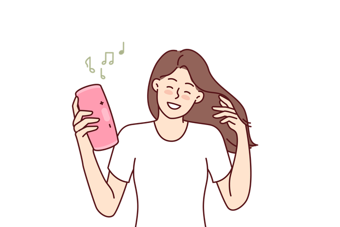 Femme appréciant la musique forte sur un haut-parleur portable sans fil  Illustration