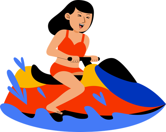 Femme appréciant l'équitation Jet ski à la plage  Illustration