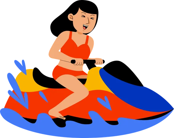 Femme appréciant l'équitation Jet ski à la plage  Illustration