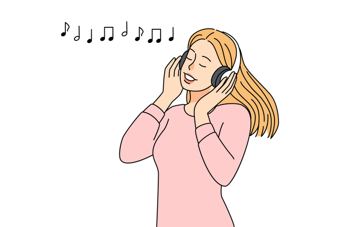 Femme appréciant la musique tout en portant des écouteurs  Illustration