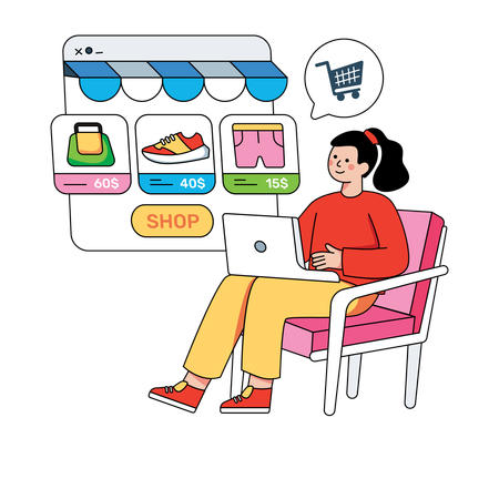 Une femme profite du shopping en ligne  Illustration