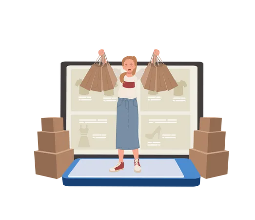 Femme appréciant les achats en ligne  Illustration