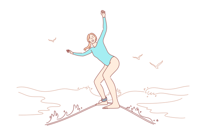 Femme appréciant le surf en mer  Illustration