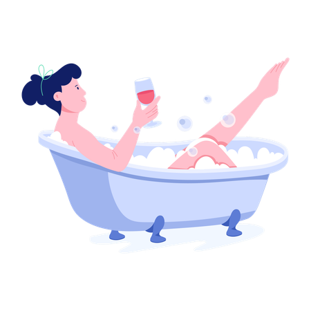 Une femme profite d'un bain avec un verre de vin  Illustration