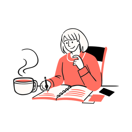 Une femme savoure un café tout en notant ses projets de Nouvel An dans un cahier  Illustration