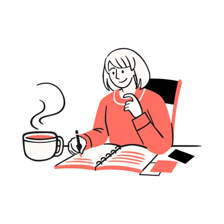 Une femme savoure un café tout en notant ses projets de Nouvel An dans un cahier  Illustration