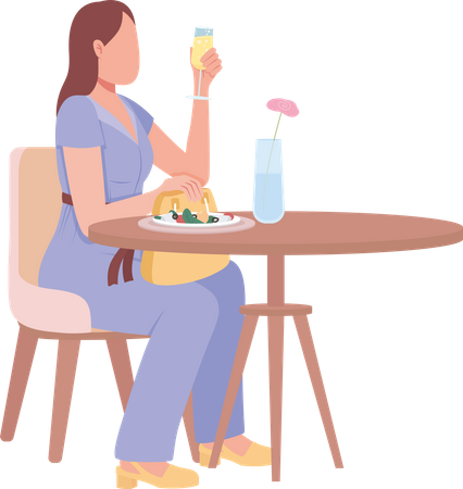 Femme appréciant une boisson au jus pétillant et une salade  Illustration